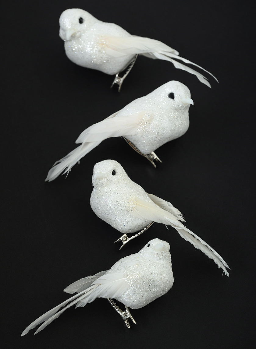 4in Long White Glitter Mini Bird, Set of 4