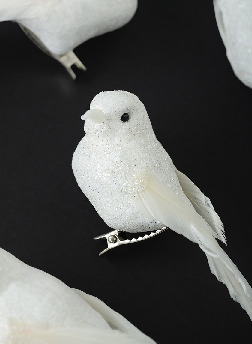 4in Long White Glitter Mini Bird, Set of 4