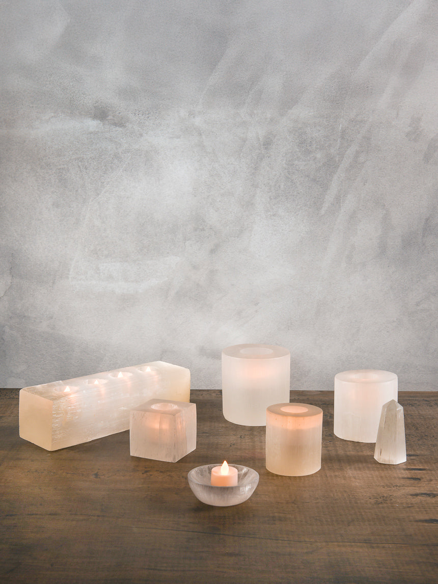 12.5in Long Moroccan Selenite Log For 4 Tea Lights
