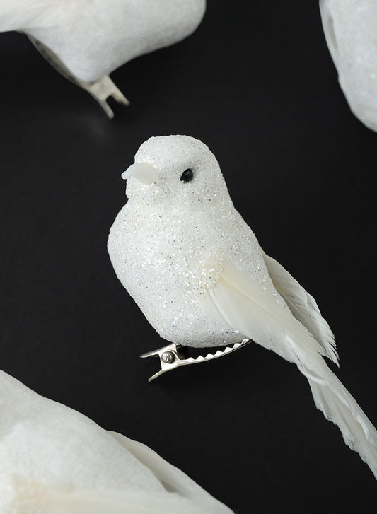 4in Long White Glitter Mini Bird, Set of 4