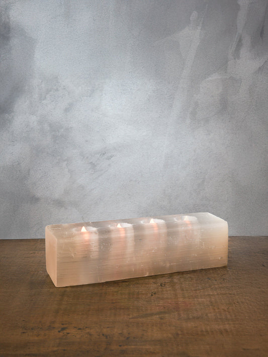 12.5in Long Moroccan Selenite Log For 4 Tea Lights